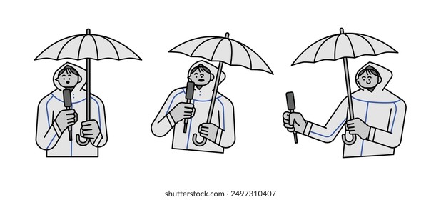 Set of Reporter Wearing Raincoat Hand Drawn Character Illustration