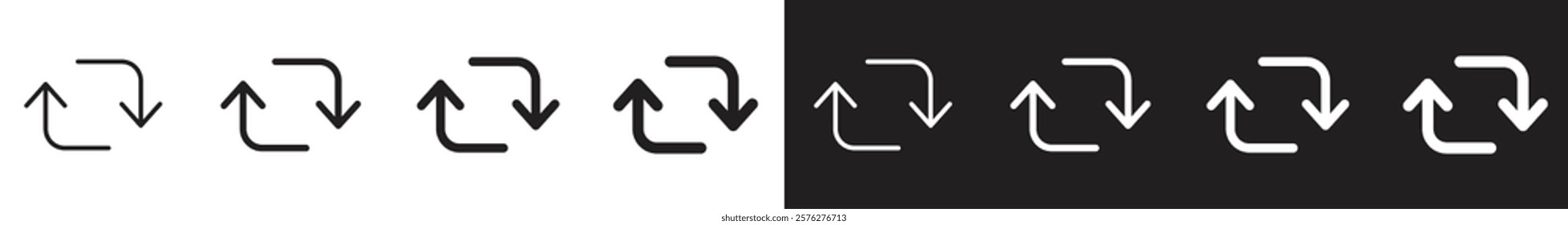 Set of repost, share, retweet, and refresh icons with line arrows. Vector illustration for social media and interface designs.