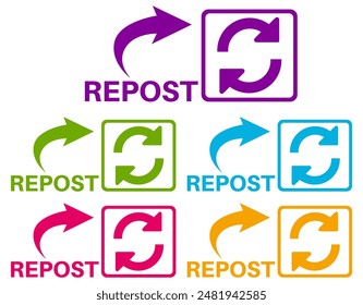set Repost sign icon. social media share sign labels design vector illustration