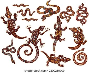 Set of Reptile animals in decorative tribal style