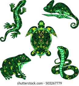 The set of a reptile, is a lot of animals, vector illustrations, a lizard with a pattern, the royal cobra is painted, a large toad, a chameleon on a branch, tropical fauna  
