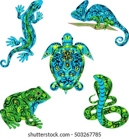 The set of a reptile, is a lot of animals, vector illustrations, a lizard with a pattern, the royal cobra is painted, a large toad, a chameleon on a branch, tropical fauna  