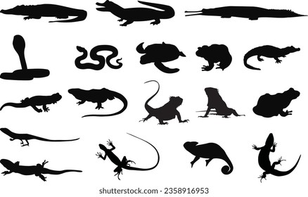 Set of reptile vector silhouettes, isolated on white background