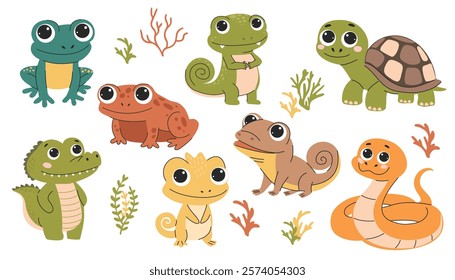 Set of reptiles and amphibians. Cute cartoon frog, snake, crocodile, snake, turtle, iguana. Children's style. Vector illustration.