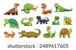 Set of reptiles and amphibians including iguana, chameleon, and snake. Vector cartoon illustration