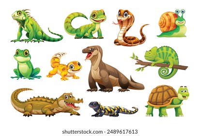 Set of reptiles and amphibians including iguana, gecko, and snake. Vector cartoon illustration