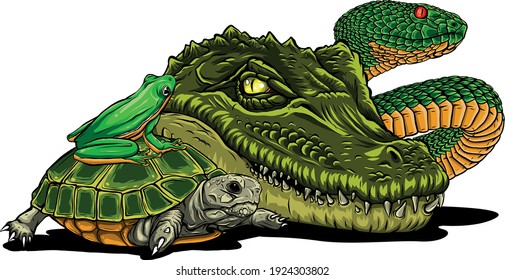 Set of reptiles and amphibians. Wild Crocodile, snake, turtle and frog