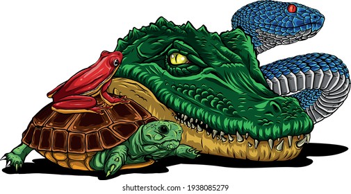 Set of reptiles and amphibians. Wild Crocodile, snake, turtle and frog