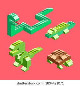 Set of reptiles made of blocks. Isometric constructor. Blocks and elements to create funny figures. Flat design.