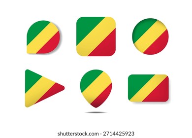 Set of Republic of the Congo Flag Icons  in Various Round, Square, and Triangular Shapes