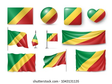Set Republic of the Congo flags, banners, symbols, flat icon. Vector illustration of collection of african national symbols on various objects and state signs