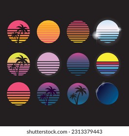 set of rerowave sunset icons, vector illustration