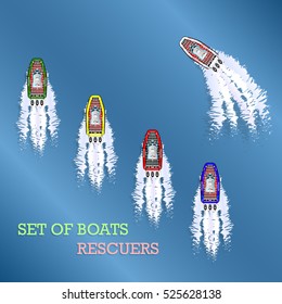 Set rescue boats. Coast security. View from above. Type in motion. Different colors.  Isolated objects. Vector illustration