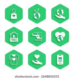 Set Rescue helicopter, Heart in hand, Donation charity, The heart world - love, Clothes donation, Free home delivery, Hand holding Earth globe and Volunteer icon. Vector