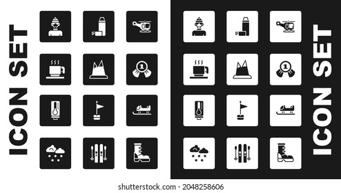 Set Rescue helicopter, Mountains, Hot chocolate cup, Winter athlete, Medal, Thermos container, Sled and Meteorology thermometer icon. Vector