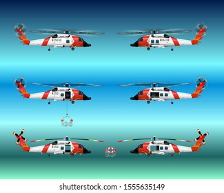 Set rescue helicopters. Flying in the sky. Standing on the ground. With the landing gear retracted and released. Isolated objects. Coast security. Transport. Vector graphics