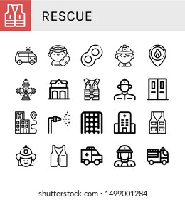 Set Of Rescue Icons Such As Vest, Ambulance, Lifeguard, Floats, Firefighter, Hydrant, Fire Station, Life Jacket, Emergency Exit, Hospital, Fire Hose, Rope Ladder, Firewoman , Rescue