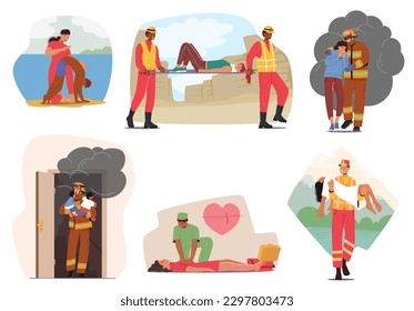 Set Rescue Service Is An Emergency Response That Provides Aid And Assistance To People Who Are In Need Of Urgent Help Due To Natural Disasters, Accidents, Or Situations. Cartoon Vector Illustration