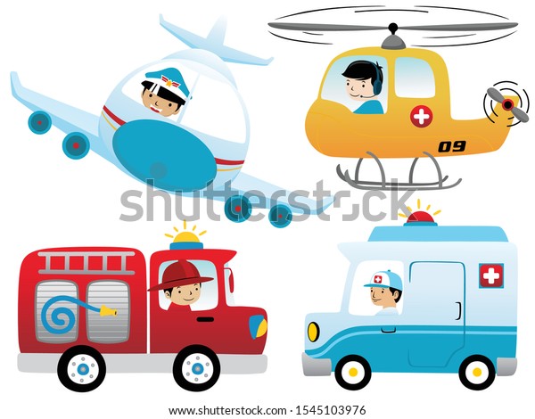 set of rescue vehicles\
cartoon