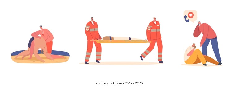 Set Rescuers First Aid to Victims on Beach, Medics Carry Person on Stretchers, Male Character Calling to Emergency cause Woman Feel Bad on Street. Cartoon People Vector Illustration