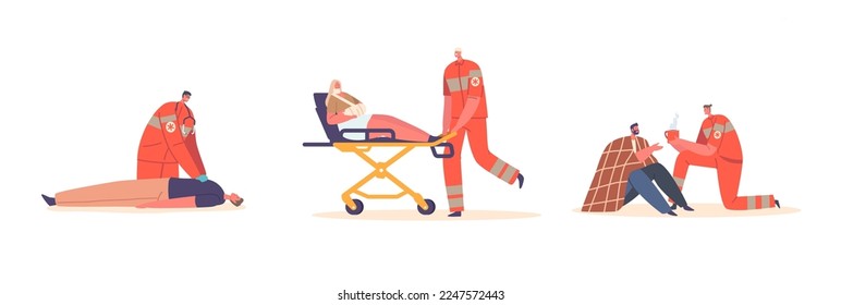 Set Rescuers First Aid to Victims, Medics Pushing Person with Broken Hand on Stretchers, Emergency Doctor Character Pumping Heart to Man Lying on Ground. Cartoon People Vector Illustration