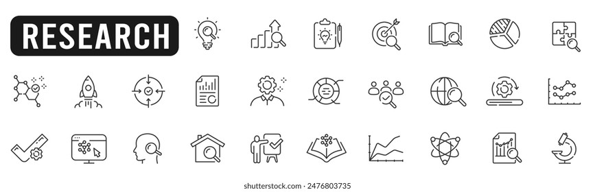 Set of research related line icons. Analysis, search, document, graph, market, science etc. Editable stroke