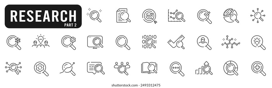 Conjunto de iconos de línea relacionados con la investigación. Análisis, búsqueda, documento, gráfico, mercado, ciencia, etc. Trazo editable. Parte 2