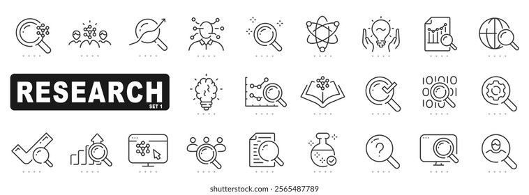 Set of research related line icons. Analysis, search, solution etc. Editable stroke.