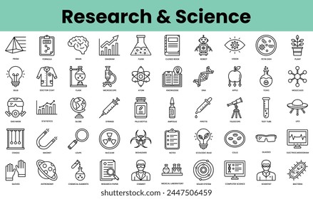 Conjunto de iconos de investigación y ciencia. Paquete de iconos de estilo lineal. Ilustración vectorial