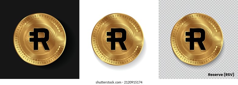 Conjunto de símbolos de símbolo de la moneda criptográfica de reserva RSV aislado en fondo blanco, oscuro y transparente. Puede utilizarse como pegatina de moneda dorada, icono, etiqueta, placa, diseño de impresión y emblema