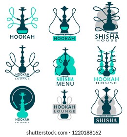 Set in reserved colors hookah labels for menus in different forms and design elements.