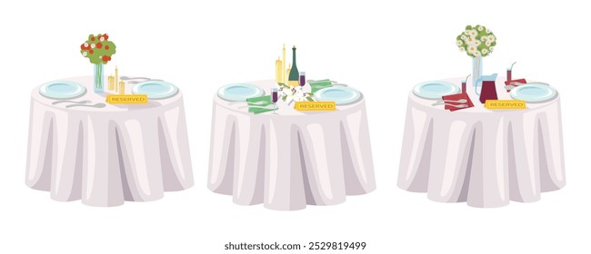 Set of reserved tables in cartoon style.Vector illustration of a table in a restaurant with tablecloths, bouquets of flowers, a bottle of wine, candles, plates, cutlery isolated on a white background.