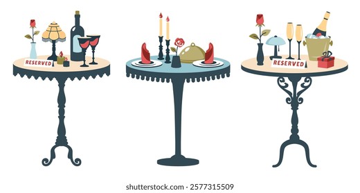 Set of reserved tables isolated on white background. Romantic dinner. Vintage tables with tableware. Festive table setting. Valentine template for holiday, party, dinner event. Table for two. Vector