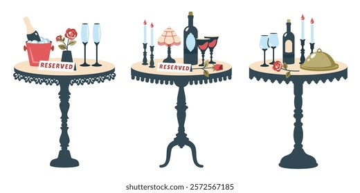 Set of reserved tables for two. Beautiful romantic dinner. Romantic setting. Vintage Valentine table with cutlery, glasses, champagne, gift, candles in candlesticks, flower. Vector flat illustration