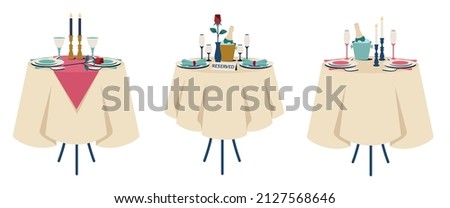 Set of reserved tables for two. Beautiful romantic dinner. Romantic setting. Table with tablecloth, cutlery, glasses, champagne, candles in candlesticks, rose, napkins. Vector cartoon illustration 