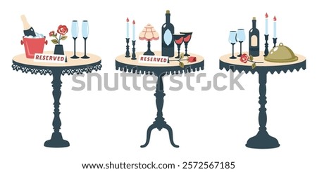 Set of reserved tables for two. Beautiful romantic dinner. Romantic setting. Vintage Valentine table with cutlery, glasses, champagne, gift, candles in candlesticks, flower. Vector flat illustration