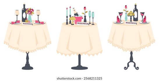 Set of reserved tables for two. Elegant romantic dinner. Table with tablecloth, cutlery, glasses, champagne, flowers, wine, candles in candlesticks. Romantic setting. Valentine template. Vector 