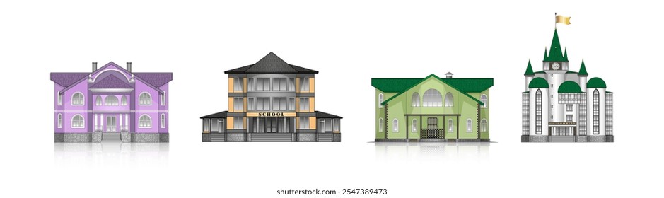 Satz von Wohn- und Landhäusern in verschiedenen Stilen. Retro und moderne Gebäude der städtischen Architektur. Illustrationen von Fassaden von Häusern, Schulen, Universitäten