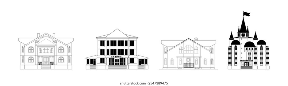 Satz von Wohn- und Landhäusern in verschiedenen Stilen. Retro und moderne Gebäude der städtischen Architektur. Illustrationen von Fassaden von Häusern, Schulen, Universitäten. Schwarzweißskizzen