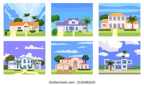 Set Residential Home Buildings in landscape tropic trees, palms. House exterior facades front view architecture family cottages houses or mansions apartments, villa. Suburban property