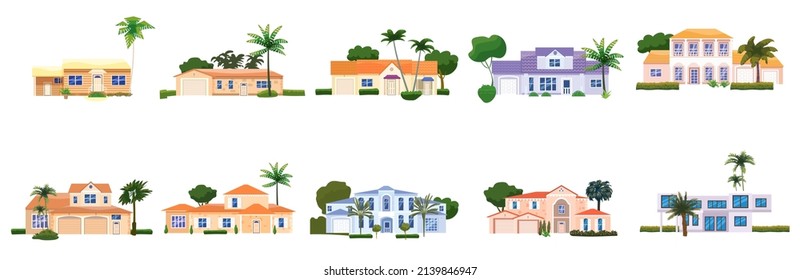 Set Residential Home Buildings, tropic trees, palms. House exterior facades front view architecture family cottages houses or mansions apartments, villa. Suburban property