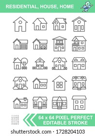 Set of residential house, home, apartment. Symbol for infographic, website, and application. Vector illustrator flat icon. Editable stroke. 64 x 64 pixel perfect.