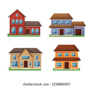 set of residential houses exterior flat style vector illustration