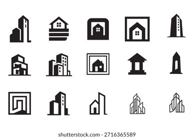 Conjunto de ícones de vetor imobiliário residencial apresentando projetos de arquitetura de edifícios residenciais com símbolos de telhado e janela para ilustração web de propriedade comercial e elementos de sinal de construção