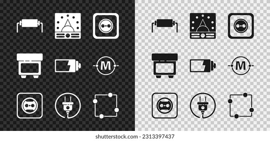 Set Resistor electricity, Ampere meter, multimeter, voltmeter, Electrical outlet, plug, circuit scheme, Fuse and Battery charge level indicator icon. Vector