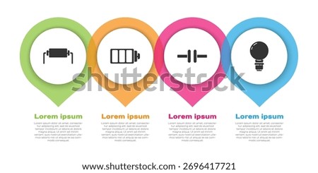 Set Resistor electricity, Battery charge level indicator, Electric circuit scheme and Light bulb with concept of idea. Business infographic template. Vector