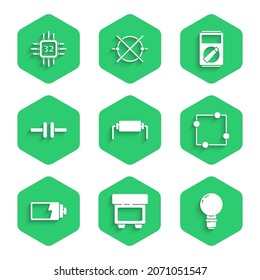 Set Resistor electricity, Fuse, Light bulb with concept of idea, Electric circuit scheme, Battery charge level indicator, Multimeter and Processor microcircuits CPU icon. Vector