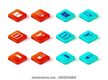 Set Resistor electricity, LED light bulb, Electric switch, Electrical panel, Battery charge level indicator and Car battery icon. Vector