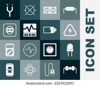 Ajuste la electricidad de Resistor, diodo emisor de luz, alto voltaje, toma eléctrica, instrumentos de medida, cable y icono indicador del nivel de carga de la batería. Vector