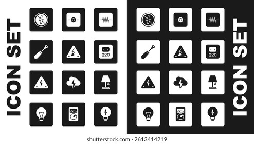 Set Resistor in electronic circuit, High voltage, Screwdriver, No lightning, Electrical outlet, Ohmmeter, Table lamp and  icon. Vector